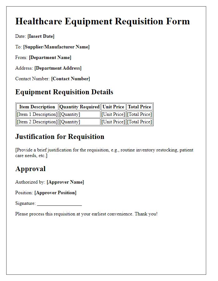 Letter template of healthcare equipment requisition for routine inventory restocking.