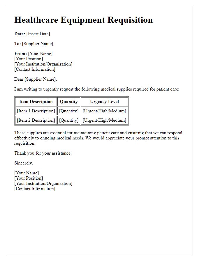 Letter template of healthcare equipment requisition for urgent medical supplies.