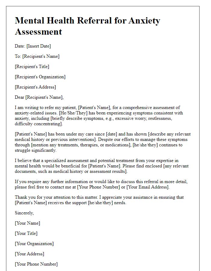 Letter template of mental health referral for anxiety assessment