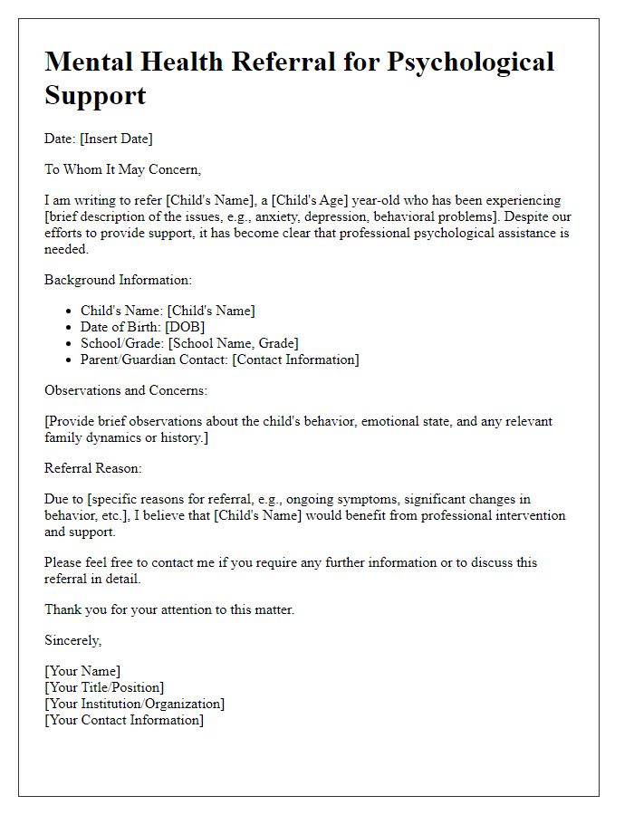 Letter template of mental health referral for children's psychological support