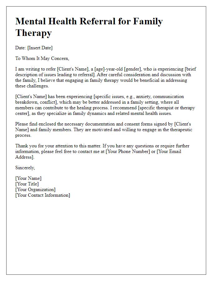 Letter template of mental health referral for family therapy