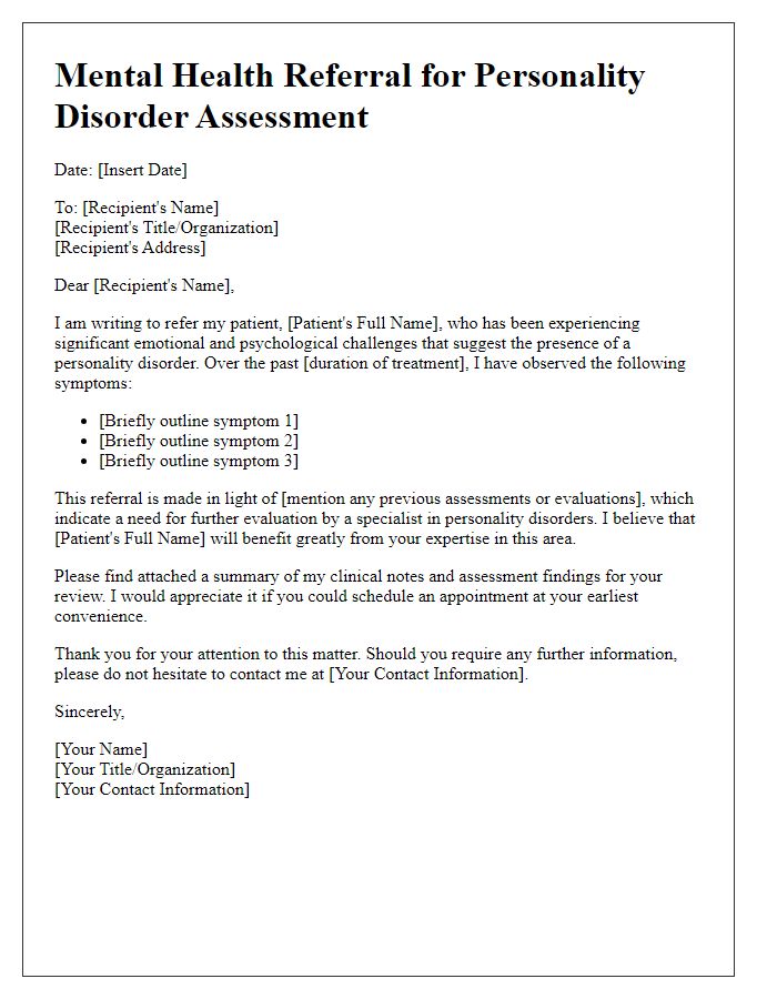 Letter template of mental health referral for personality disorder assessment