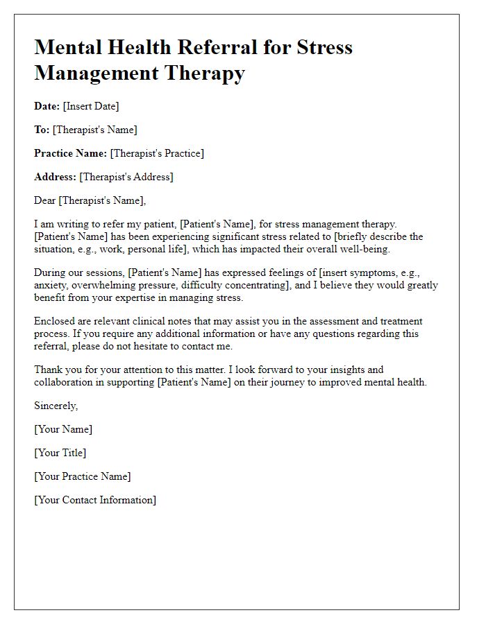 Letter template of mental health referral for stress management therapy