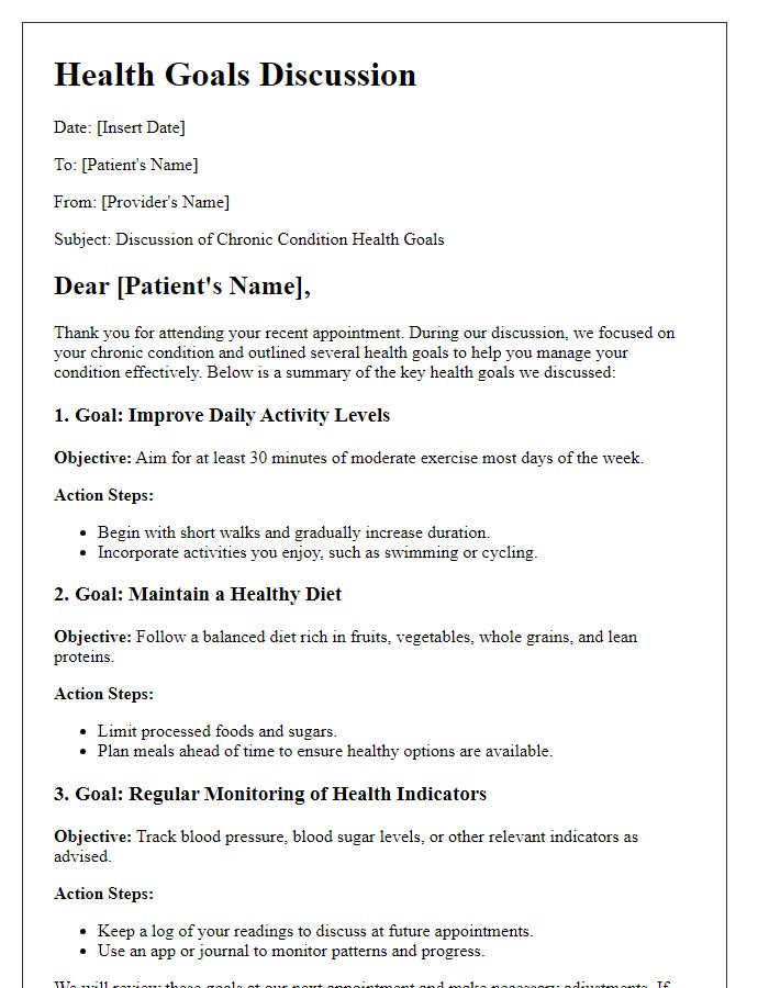 Letter template of patient chronic condition health goals discussion.