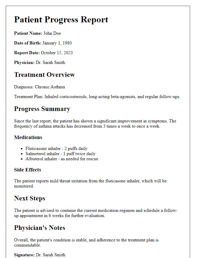 Letter template of patient chronic illness treatment progress report.