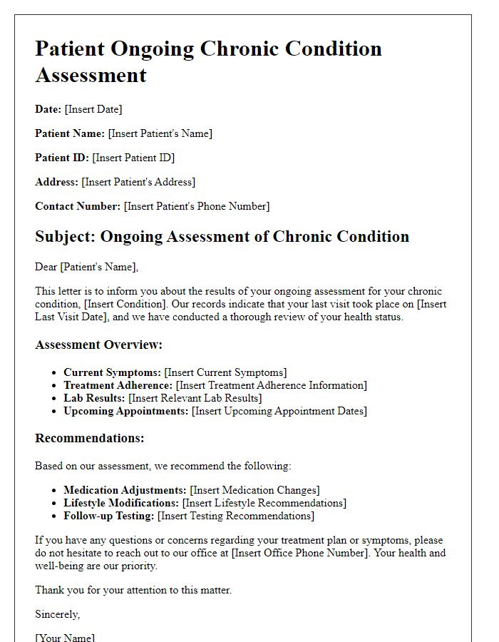 Letter template of patient ongoing chronic condition assessment.