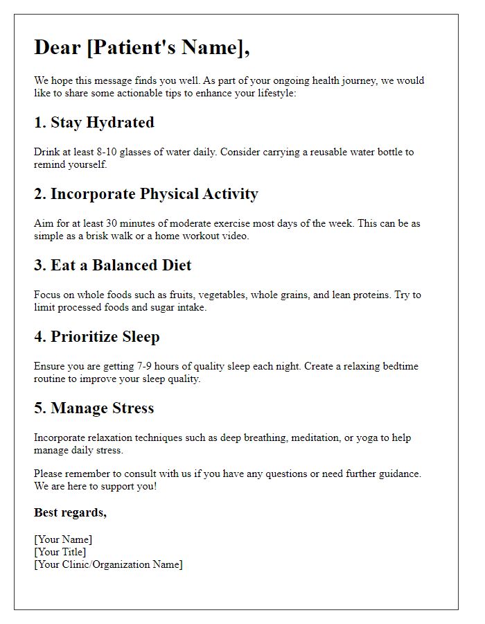 Letter template of actionable health tips for patient lifestyle enhancement.