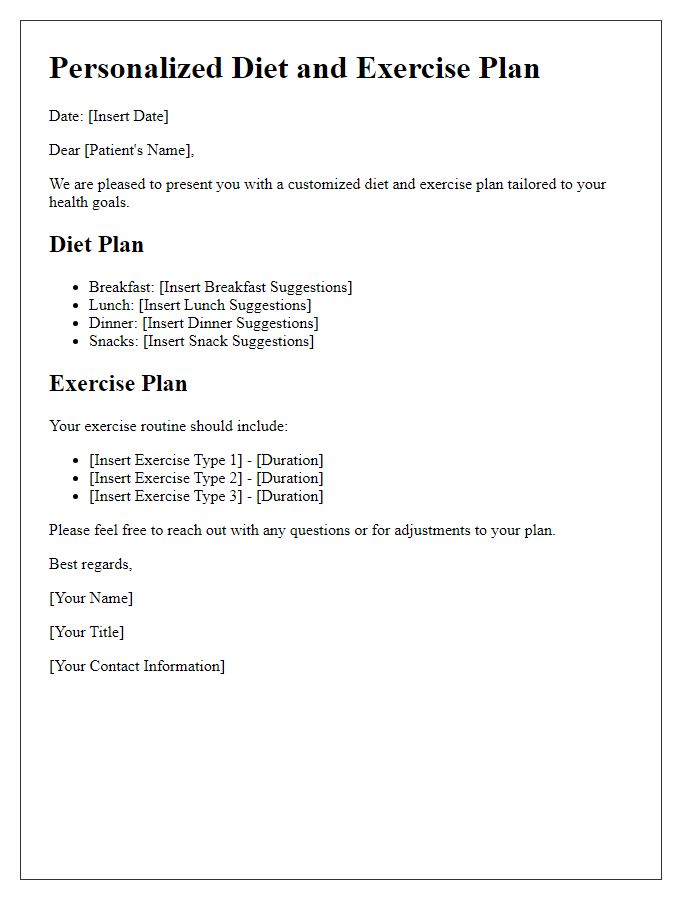 Letter template of customized diet and exercise plans for patients.