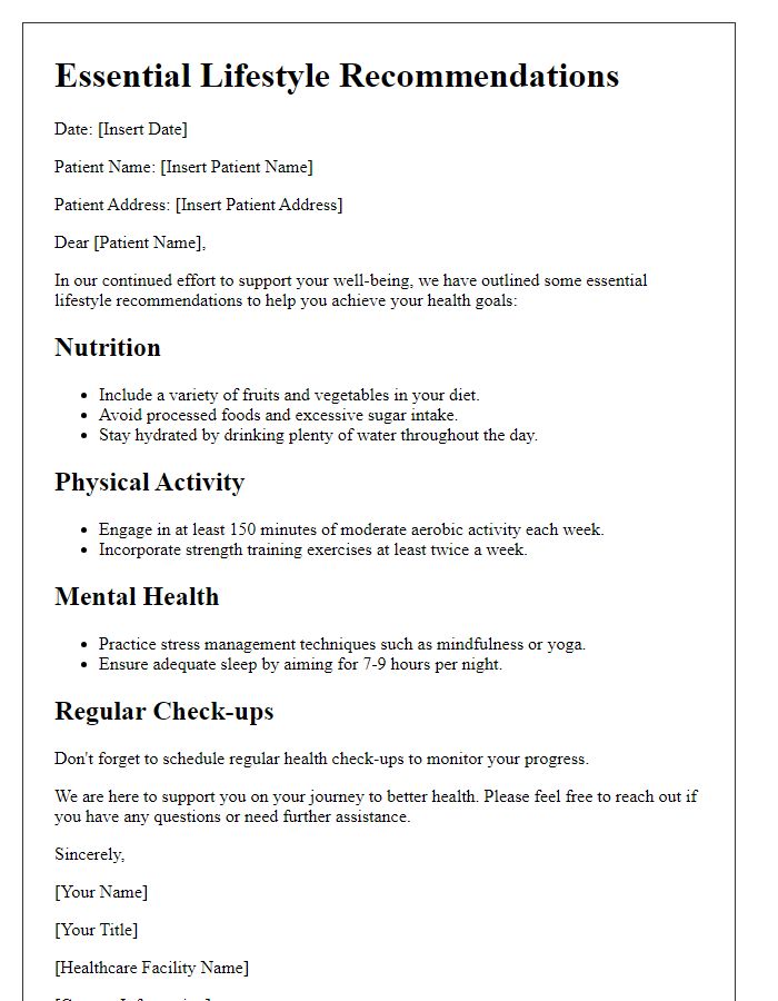 Letter template of essential lifestyle recommendations for patient well-being.