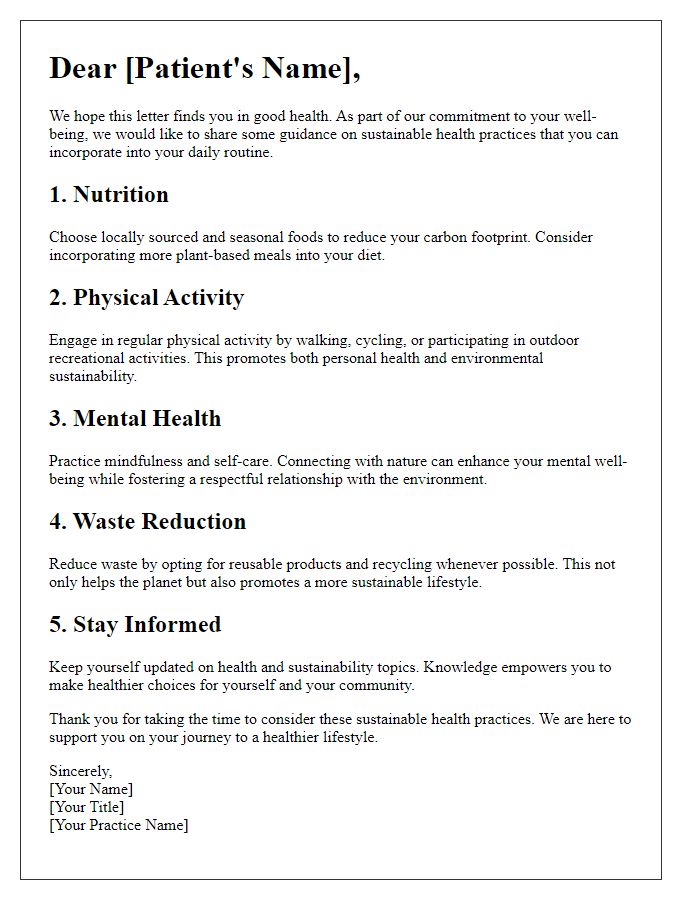 Letter template of guidance on sustainable health practices for patients.