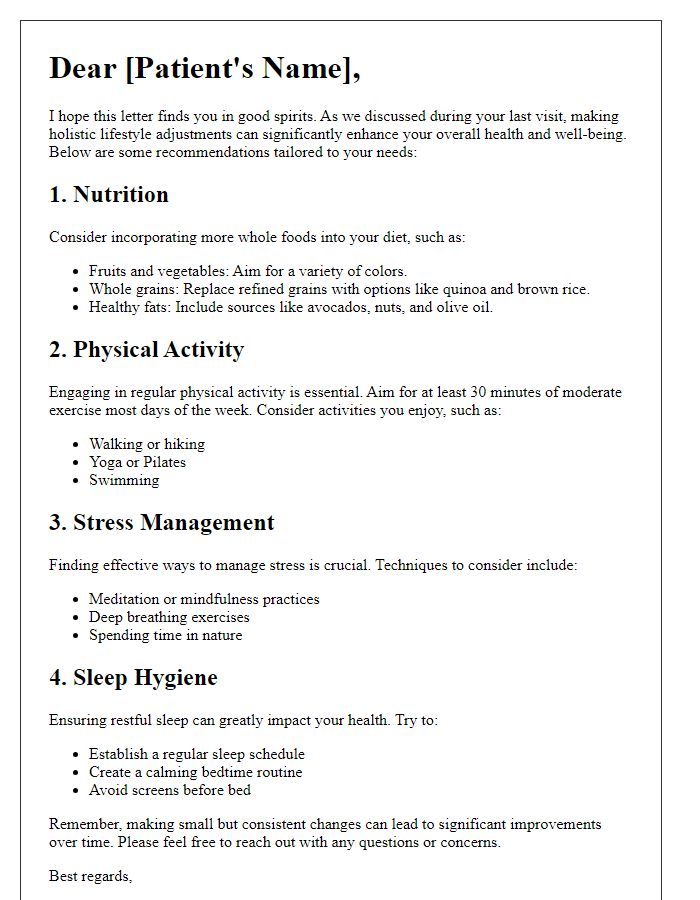 Letter template of holistic lifestyle adjustments for patient health.