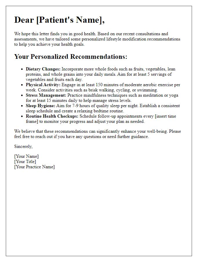 Letter template of personalized lifestyle modification recommendations for patients.