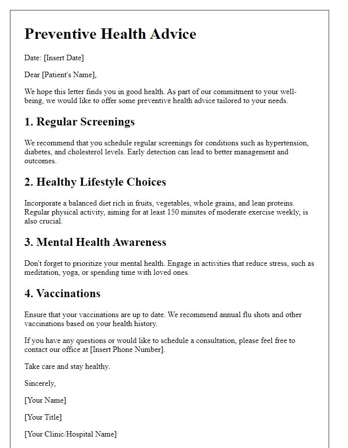 Letter template of preventive health advice for patients.