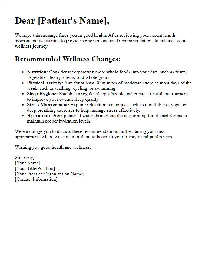 Letter template of recommended wellness changes for patients.