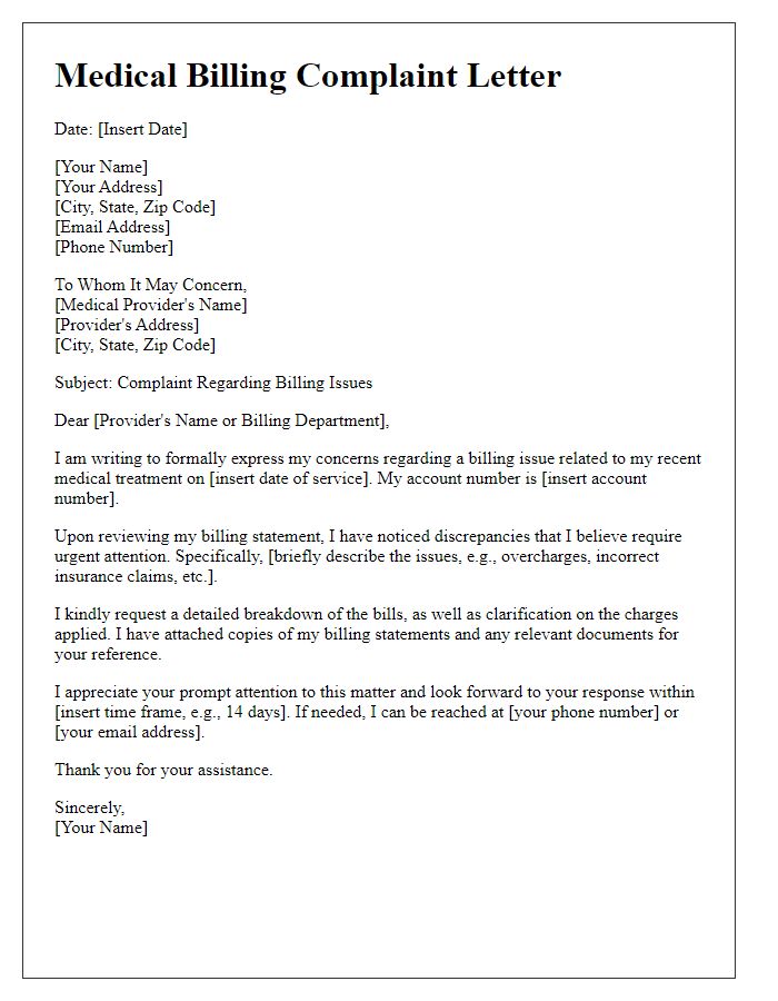 Letter template of medical complaint about billing issues resolution