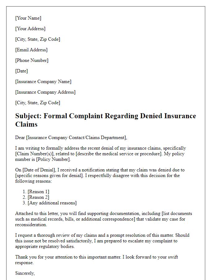 Letter template of medical complaint about denied insurance claims resolution