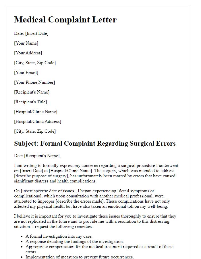 Letter template of medical complaint concerning surgical errors resolution