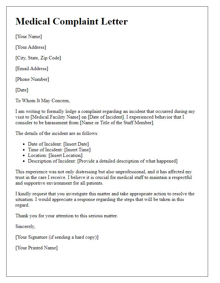 Letter template of medical complaint for harassment by medical staff resolution