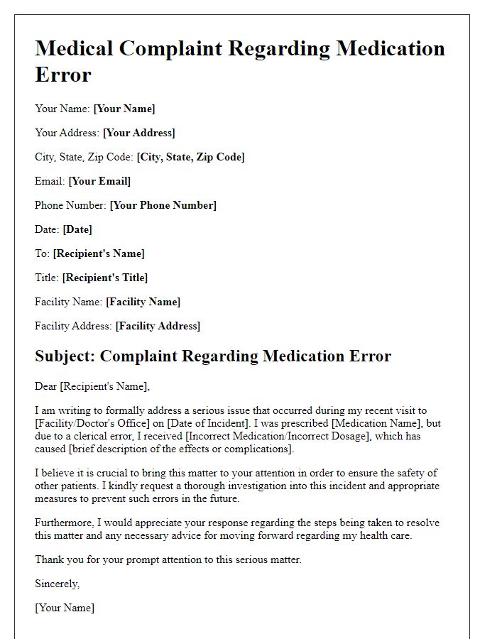 Letter template of medical complaint for medication errors resolution