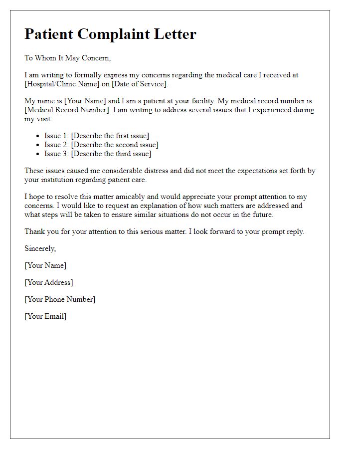 Letter template of medical complaint for poor patient care resolution