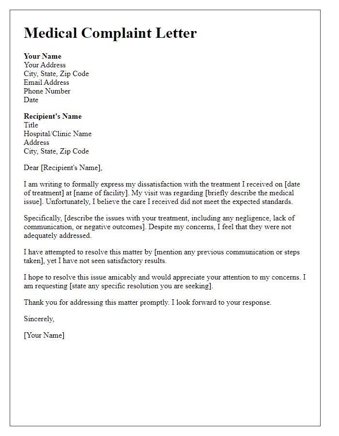 Letter template of medical complaint for unsatisfactory treatment resolution