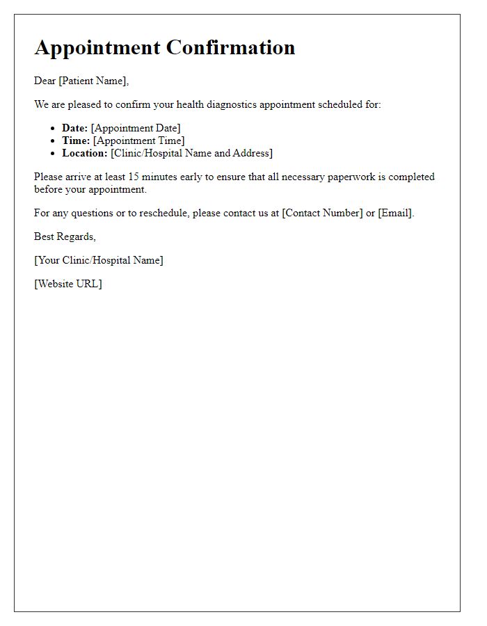 Letter template of health diagnostics appointment for patients