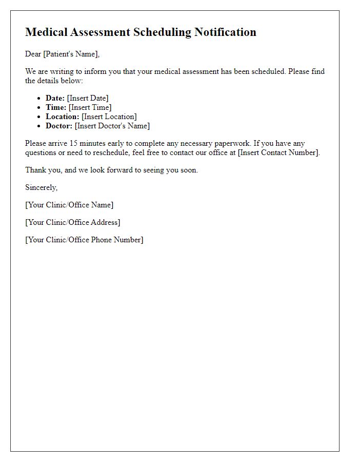 Letter template of medical assessment scheduling for patients