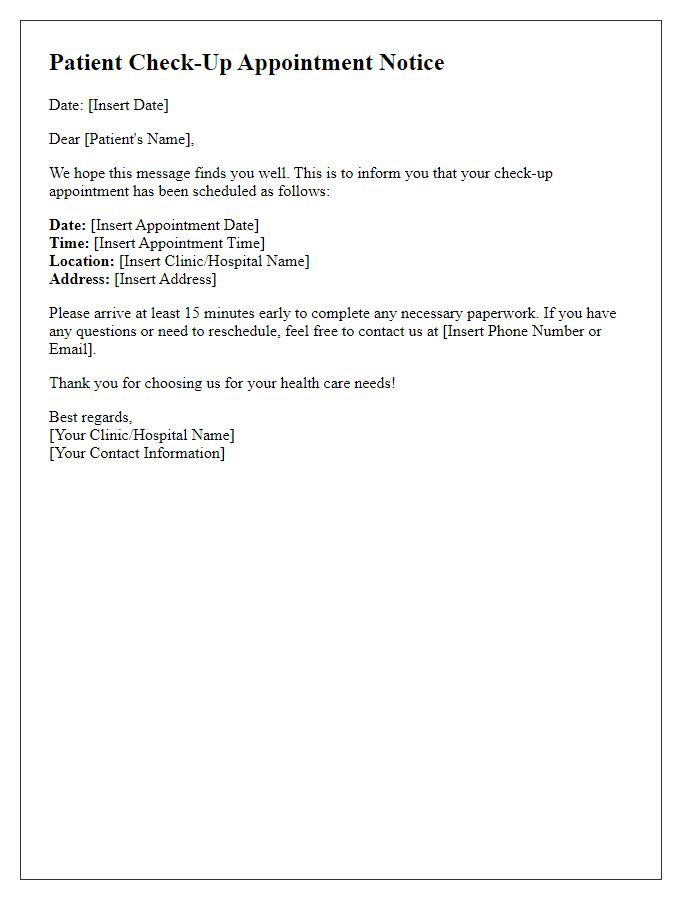 Letter template of patient check-up appointment notice