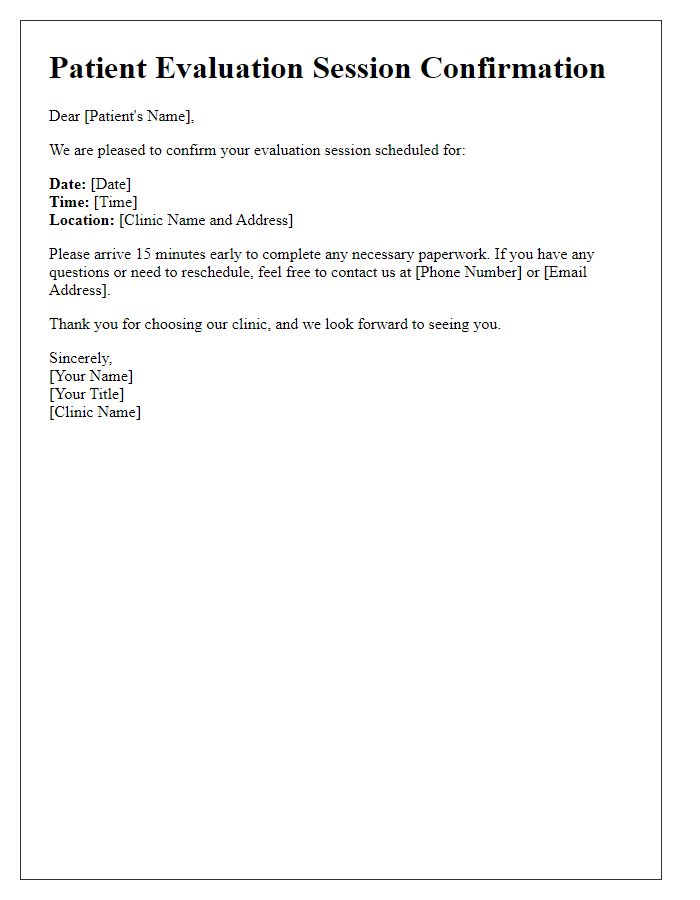 Letter template of patient evaluation session confirmation