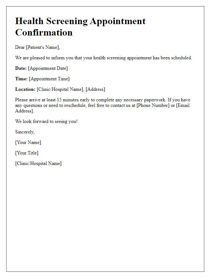 Letter template of patient health screening appointment