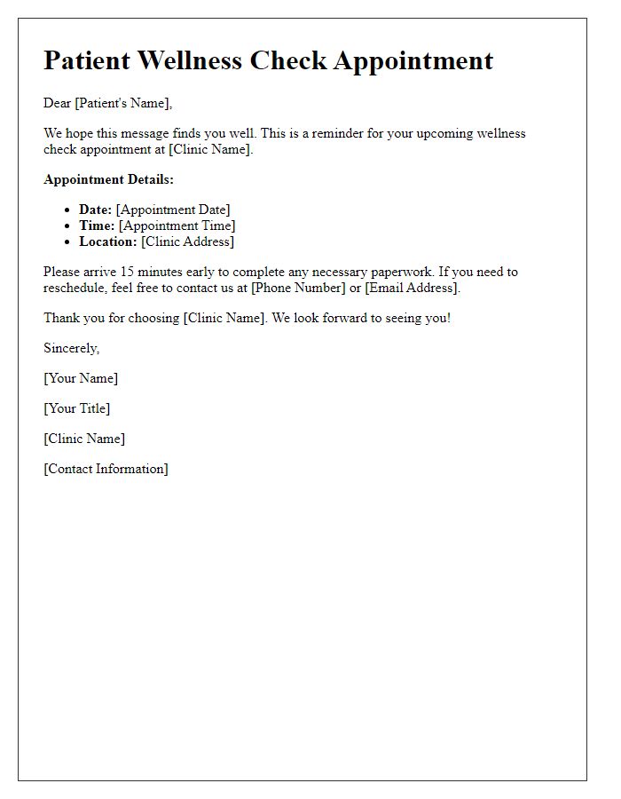 Letter template of patient wellness check appointment