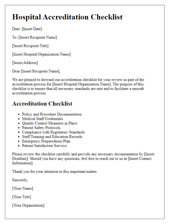 Letter template of hospital accreditation checklist