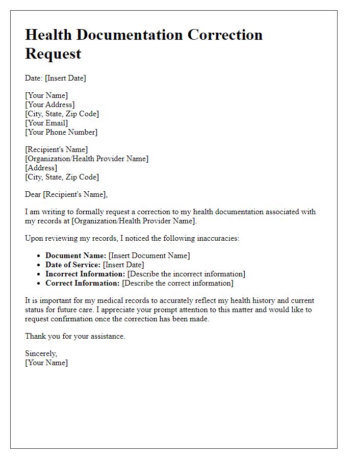 Letter template of health documentation correction request