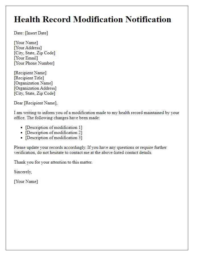 Letter template of health record modification notification