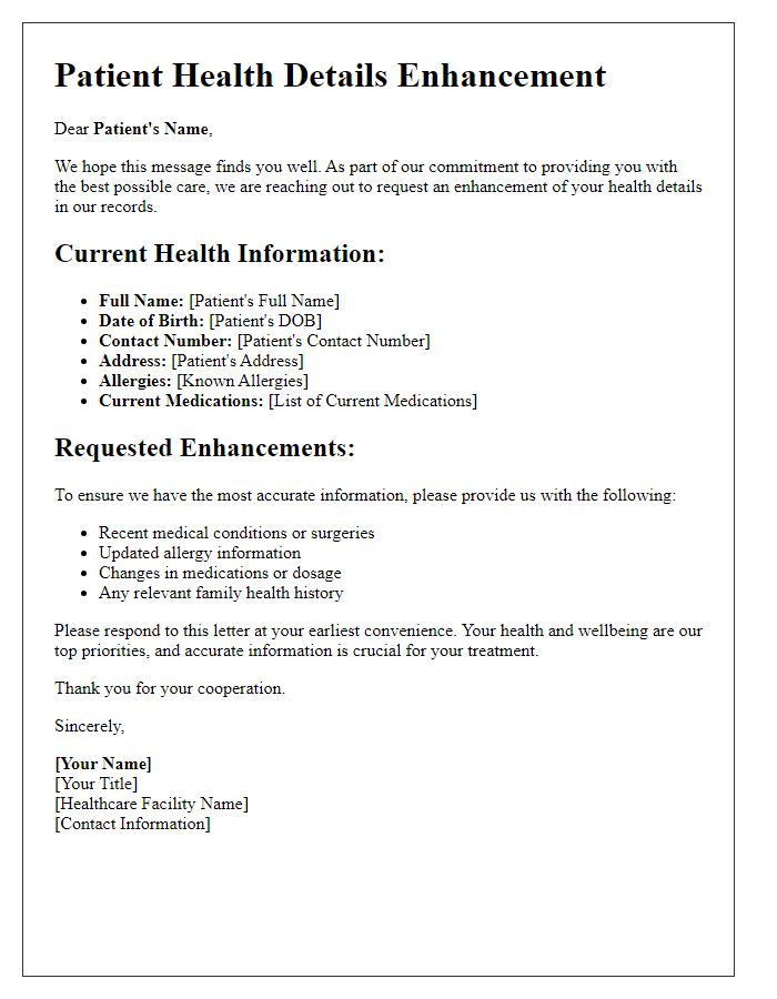 Letter template of patient health details enhancement