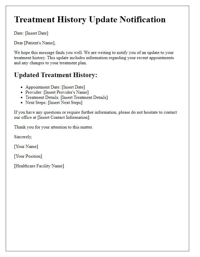 Letter template of treatment history update notification