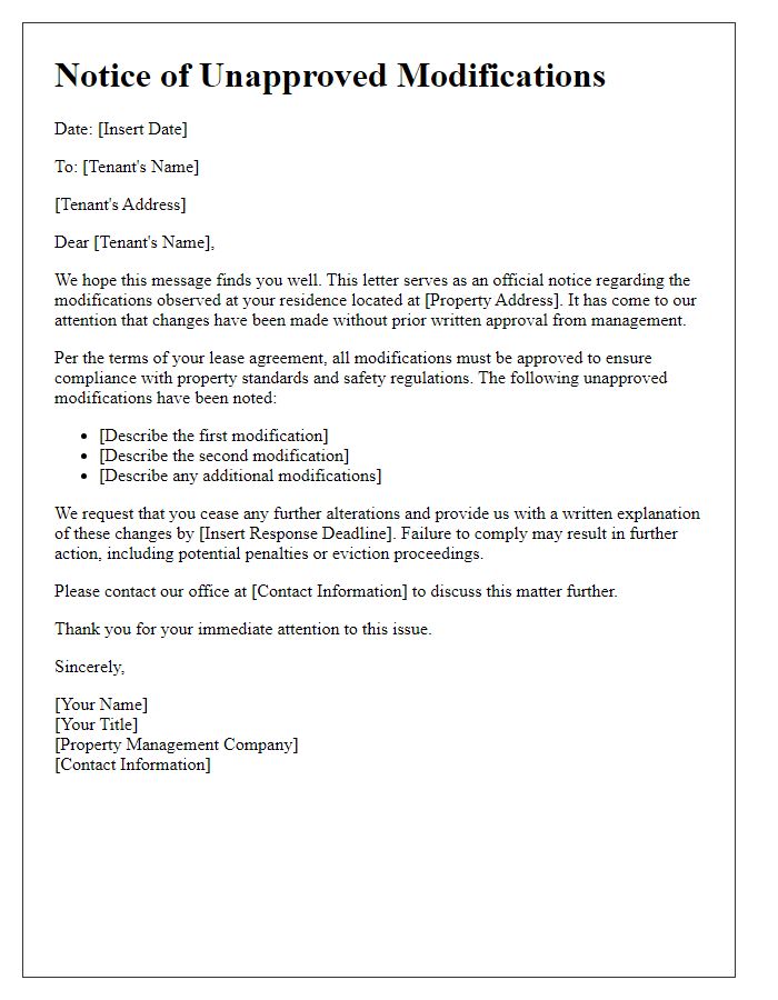 Letter template of Alert for Unapproved Modifications by Tenant