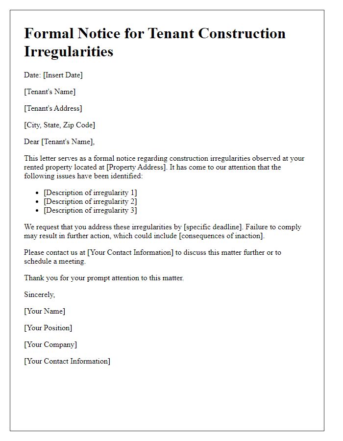 Letter template of Formal Notice for Tenant Construction Irregularities