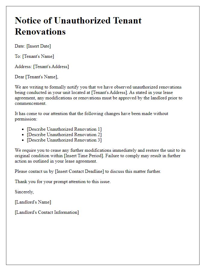 Letter template of Notice for Unauthorized Tenant Renovations