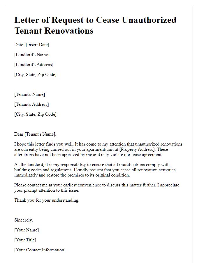 Letter template of Request to Cease Unauthorized Tenant Renovations