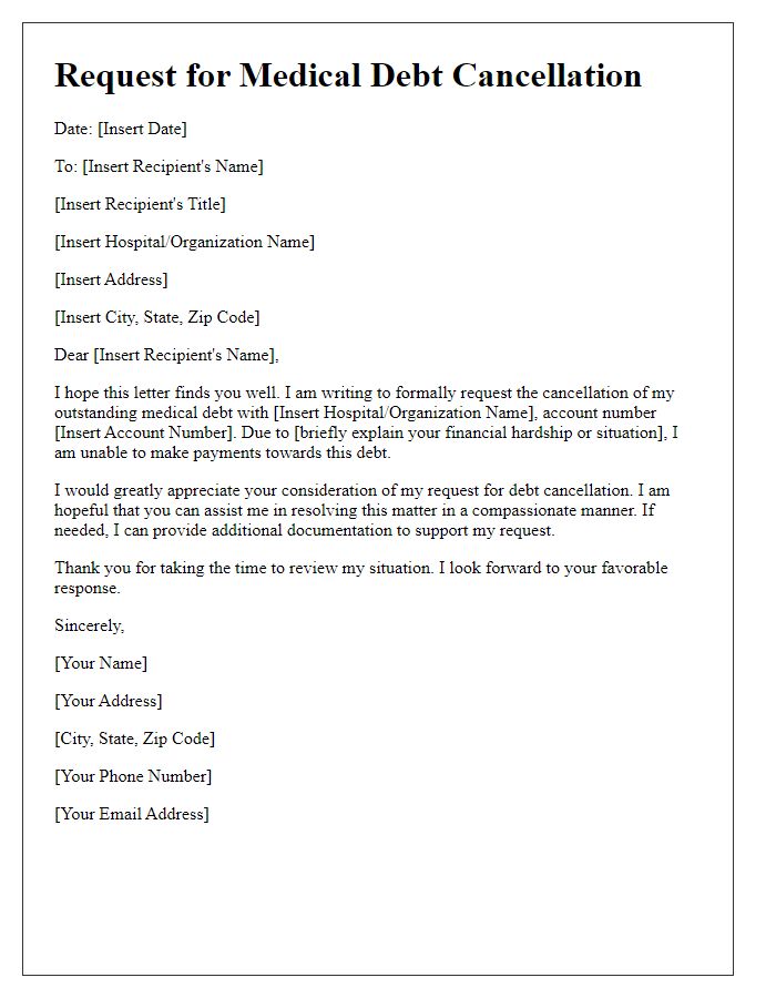 Letter template of request for medical debt cancellation