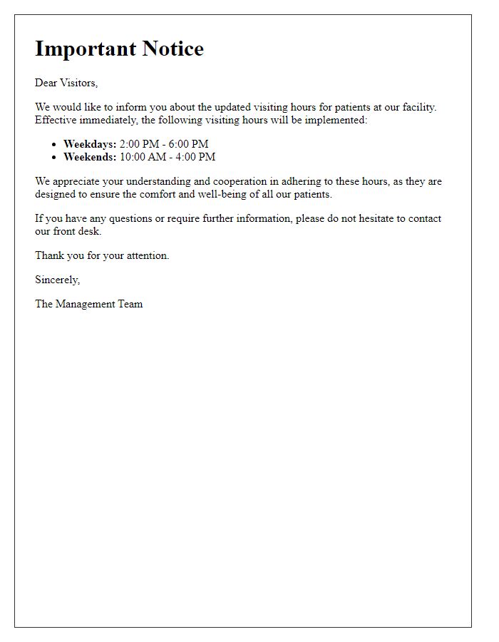 Letter template of important notice on patient visiting hours.