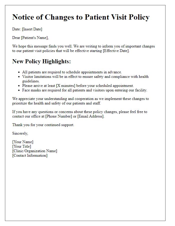 Letter template of patient visit policy changes notification.