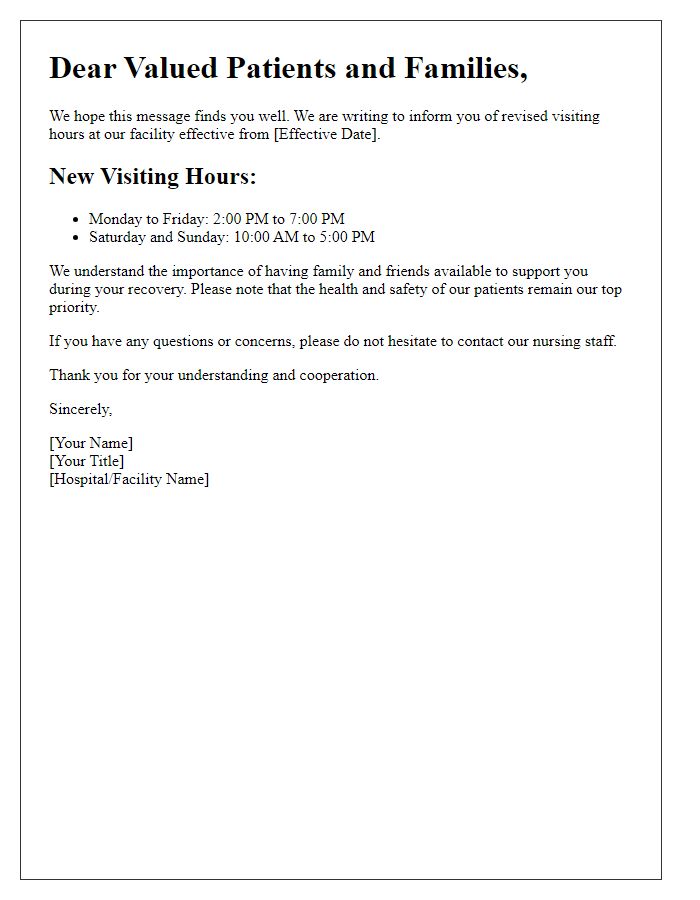 Letter template of revised visiting hours details for patients.