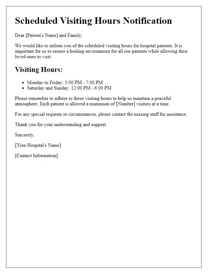 Letter template of scheduled visiting hours for hospital patients.