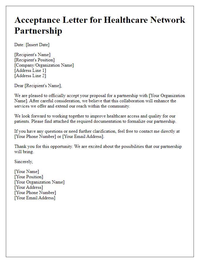 Letter template of acceptance for healthcare network partnership