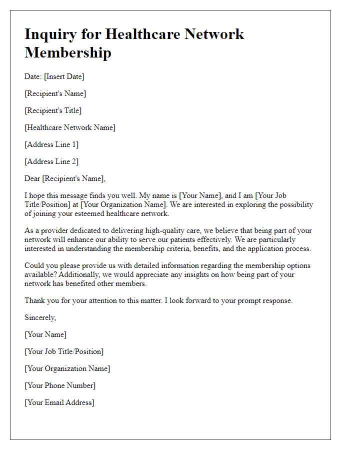 Letter template of inquiry for healthcare network membership