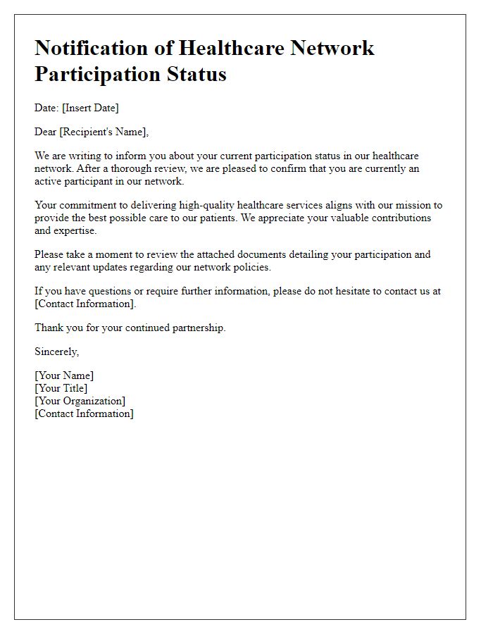 Letter template of notification for healthcare network participation status