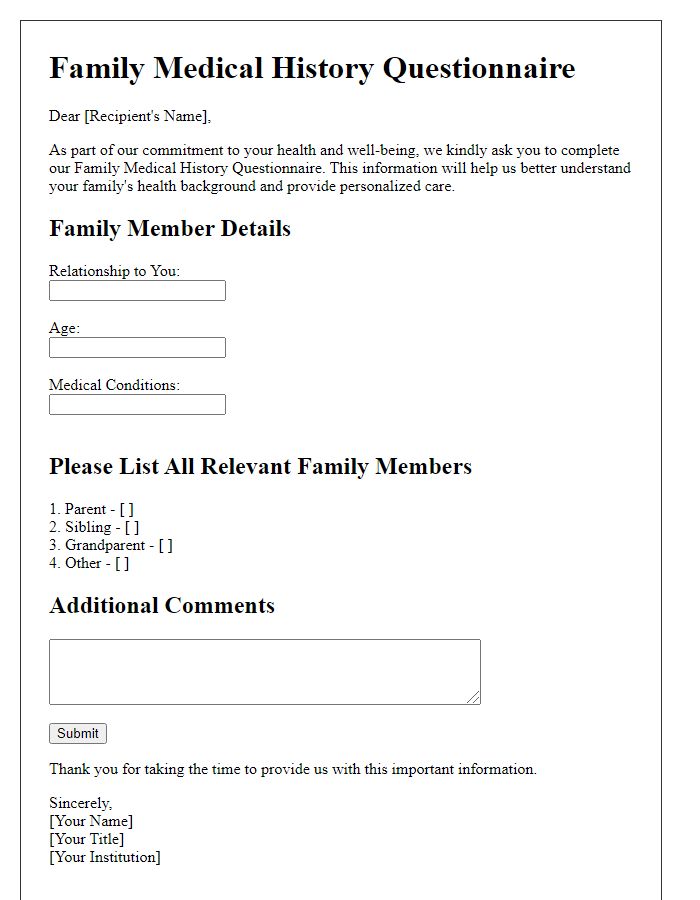 Letter template of family medical history questionnaire