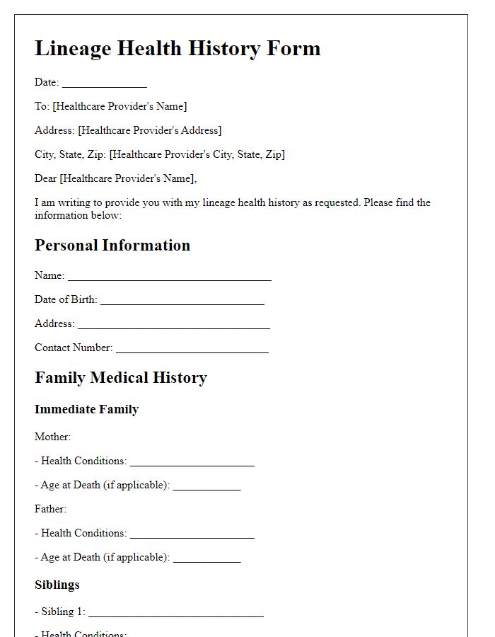 Letter template of lineage health history form